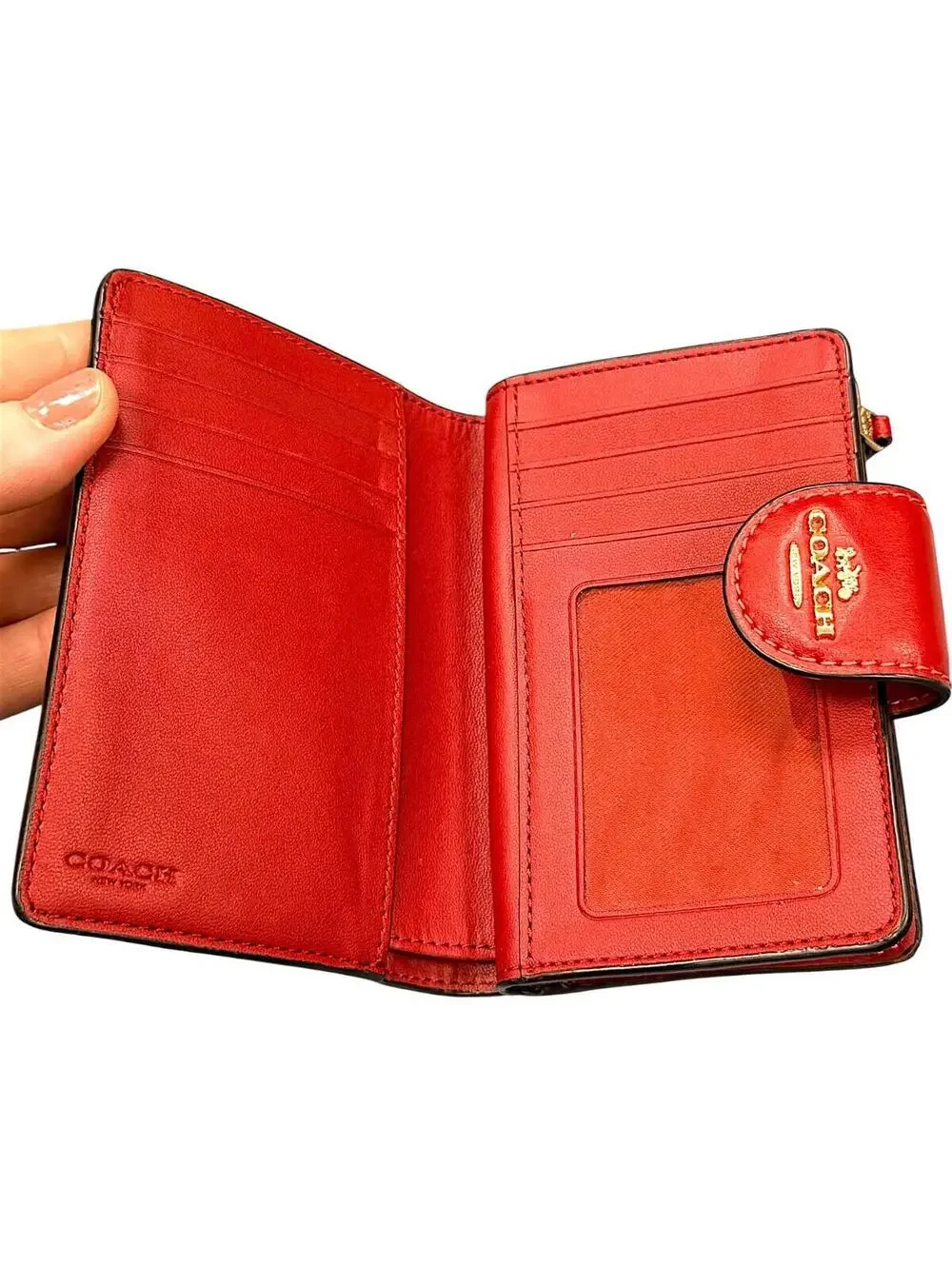 Coach Signature Medium Corner Zip Wallet Brown Canvas Red Leather Trim Gold Tone